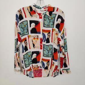 Twik Simons Travel Postcard Print Button Up Shirt Blouse Size Medium Retro